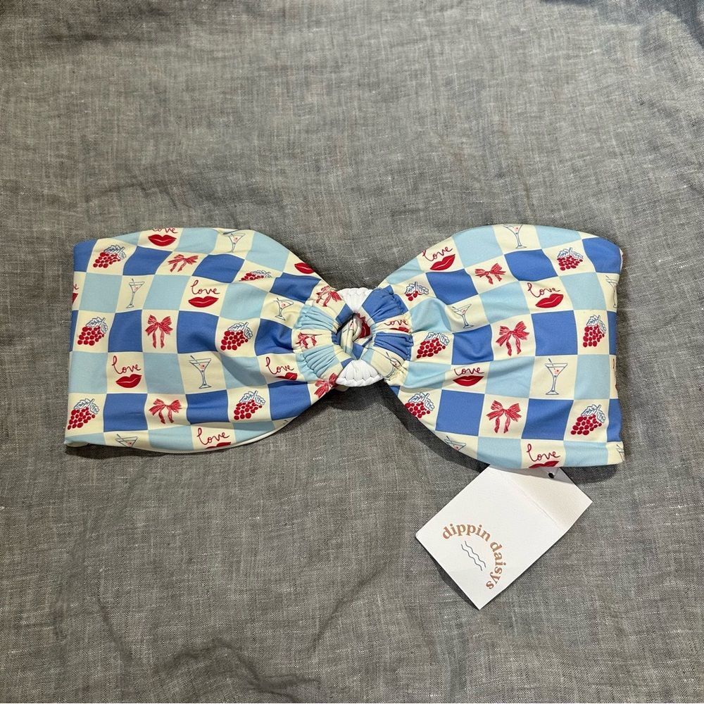 Dippin Daisys Lotus Bandeau Bikini Top Checkered Blue Printed Large